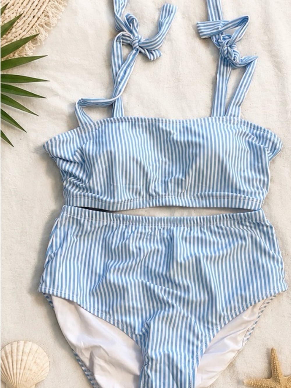 Striped Light Blue Two-Piece Swim Set with Tie Straps
